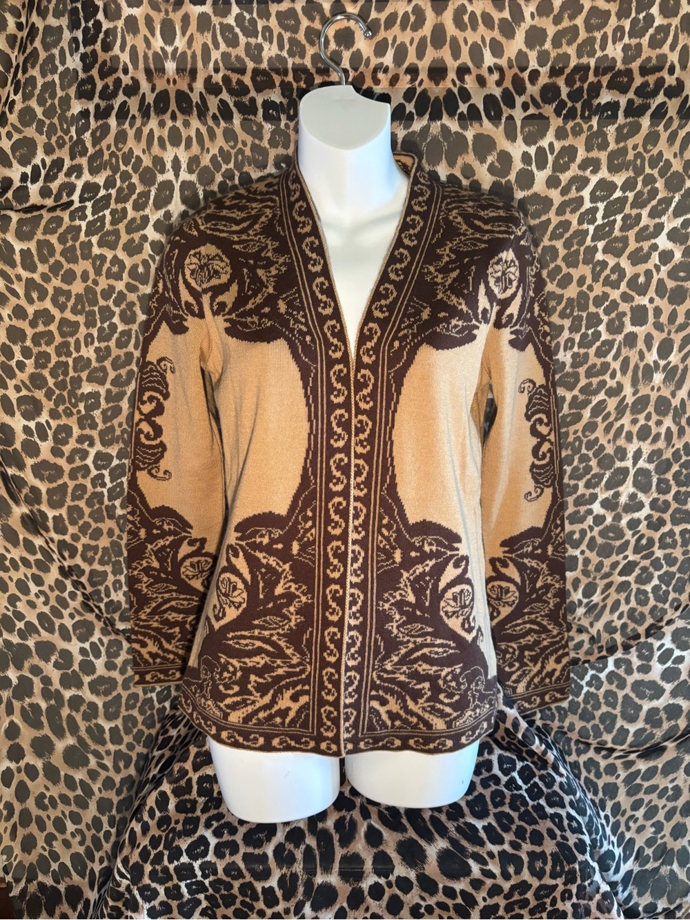 Women's Brown & Tan Patterned Open Cardigan Sweater